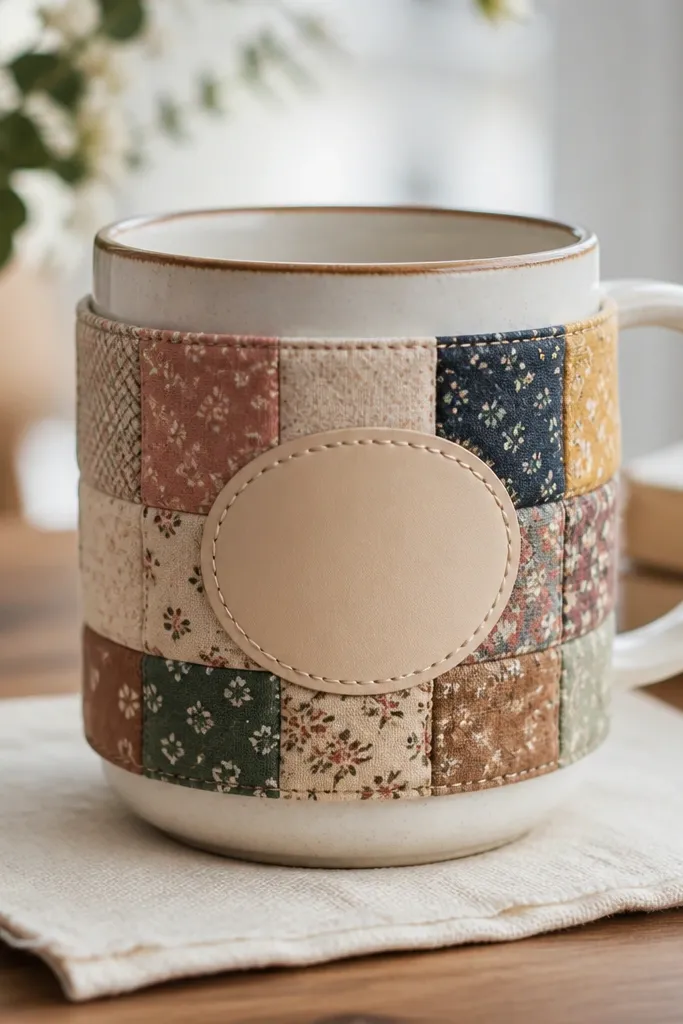 A mug wrapped with a patchwork band made from small fabric squares. A crisp vinyl label with neat lettering sits centered, and the patch edges look clean.