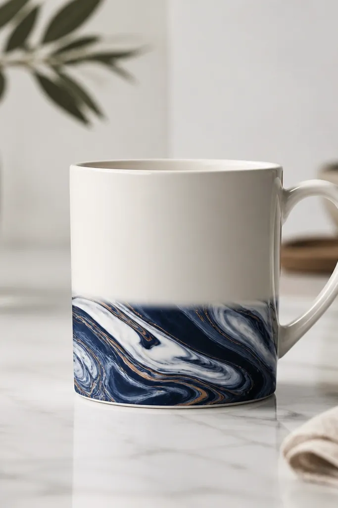 A mug with a smooth marbled swirl pattern covering only the lower third. Colors are navy, white, and a thin copper streak, while the top stays plain.
