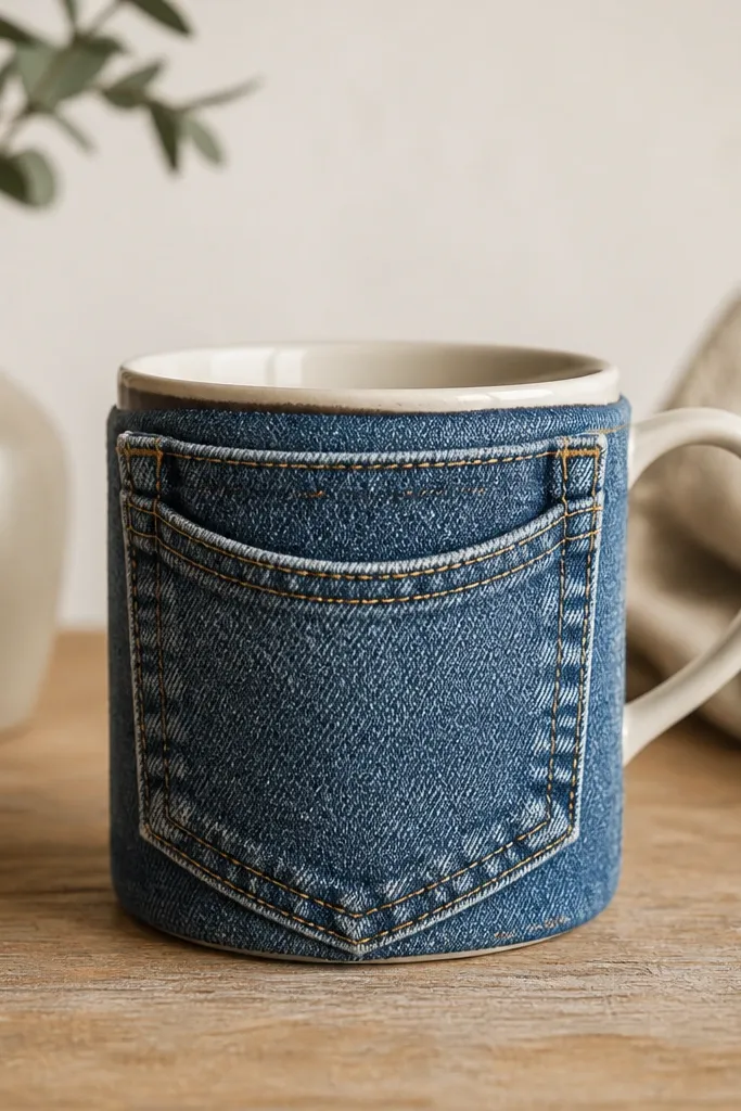 A mug wearing a denim sleeve made from a jeans pocket. The pocket opening faces forward, with a stitched border and visible denim seams.