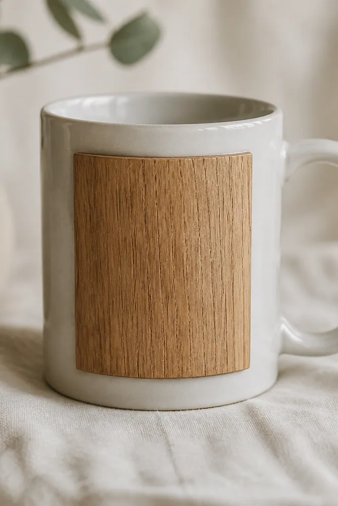 A mug with a thin wood veneer rectangle glued to the front. The wood has visible grain, and the mug is otherwise blank except for a small sealed finish shine.