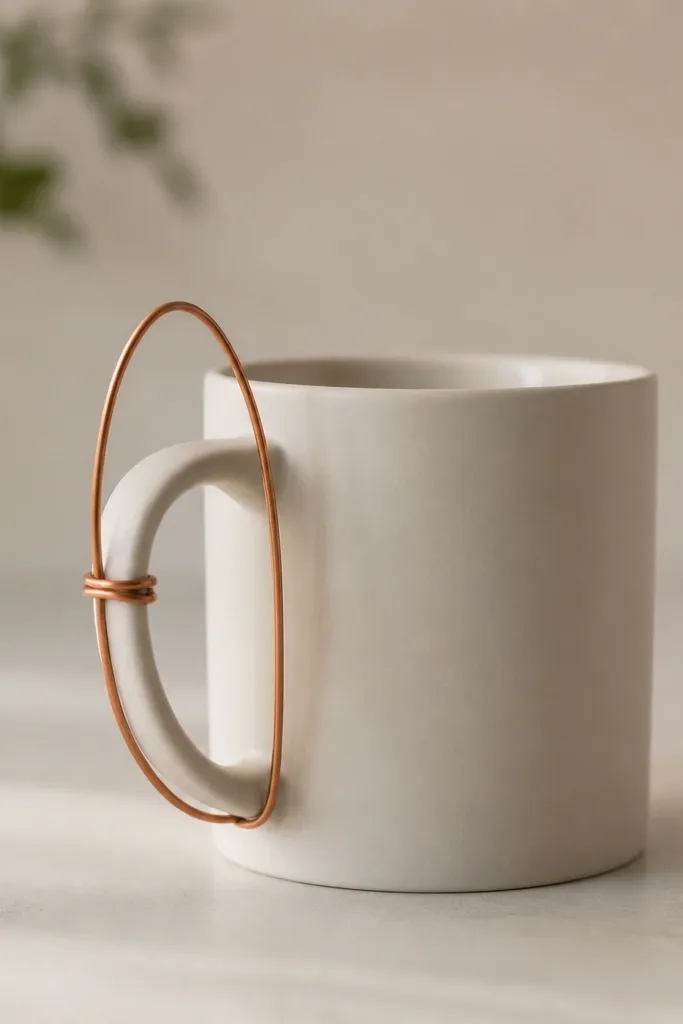 A plain mug with a thin copper wire frame hovering around the handle area, forming an arch. The copper wire ends are twisted neatly at the back.