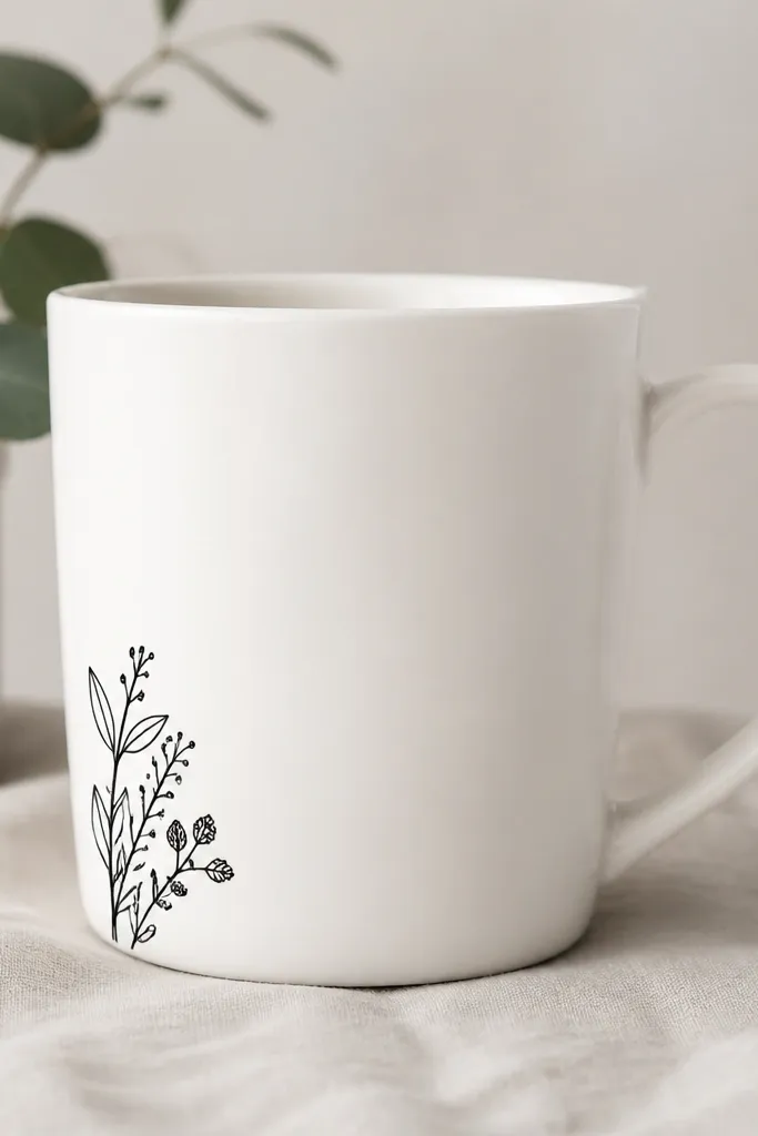 A mostly white mug with a tiny cluster of botanical line art in the lower left corner. The stencil edges are crisp and the ink is matte black.