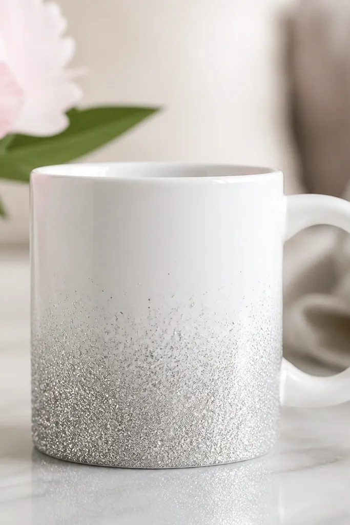 A mug with a glittery gradient along the bottom rim area, fading from dense silver at the base to almost none higher up. The top stays plain white.