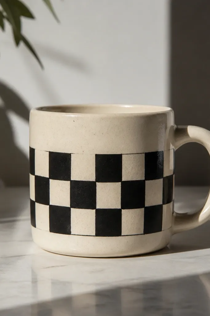 A mug with a 2-inch tall checker band in black and cream across the middle. The squares are slightly imperfect by hand, giving a human look.