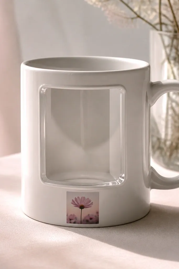 A mug with a clear glossy rectangular window on the front. Under the window is a tiny printed photo of a flower, with resin edges smooth and transparent.