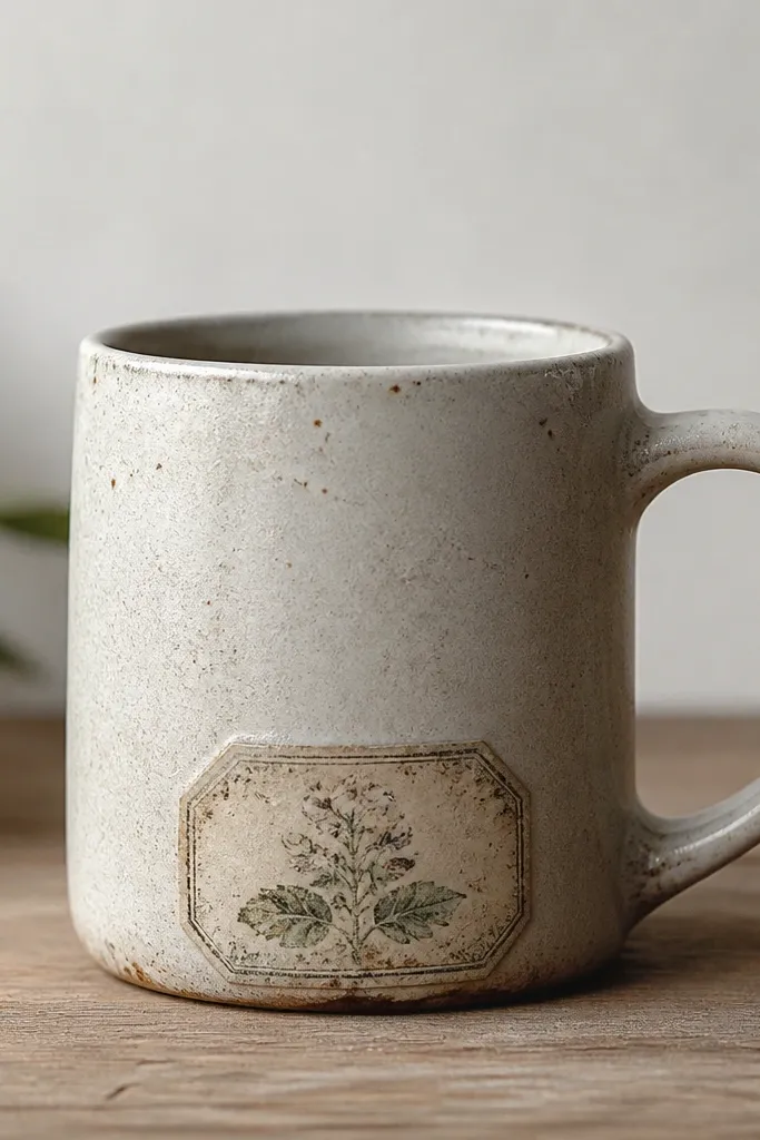 A mug with a sticker-like transfer of a plant label design, weathered and faded. It sits near the bottom front like a vintage tag.