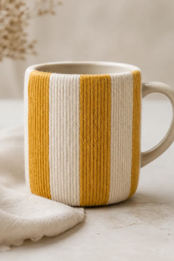 A mug covered with four vertical stripes of yarn in muted mustard and cream. The stripes are evenly spaced, and the yarn ends are tucked neatly near the bottom.