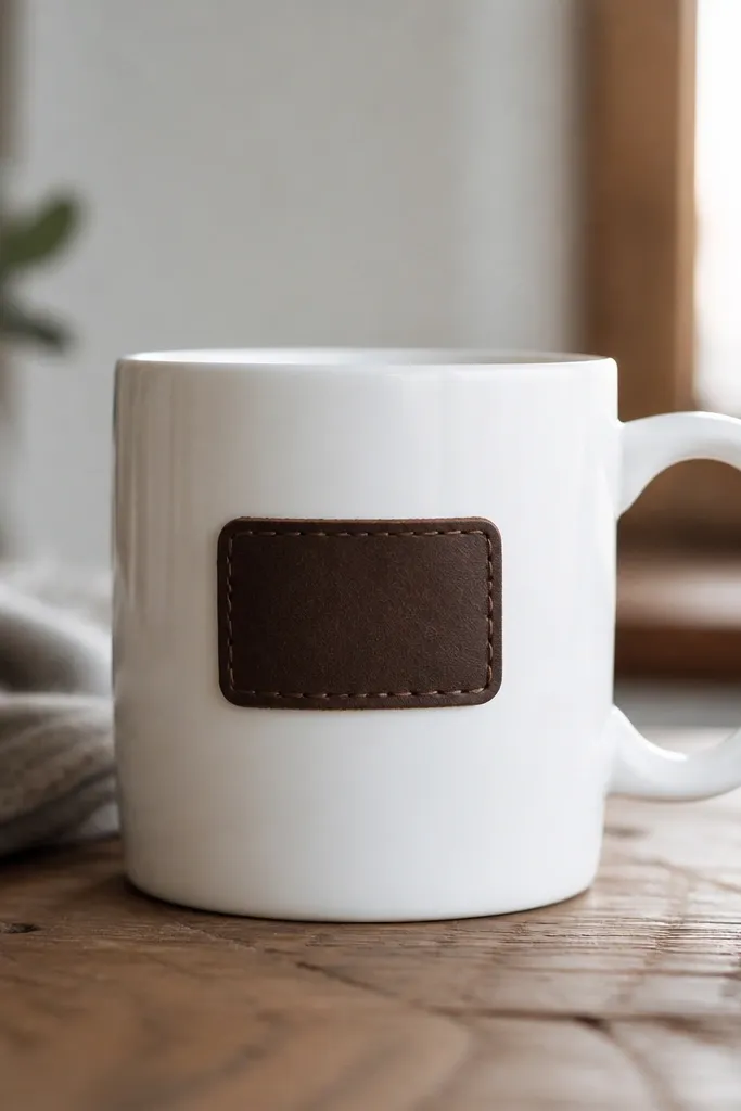 A mug with a small faux leather rectangle label on the front, with faux stitching along the edges. The leather is dark brown and the mug is white.