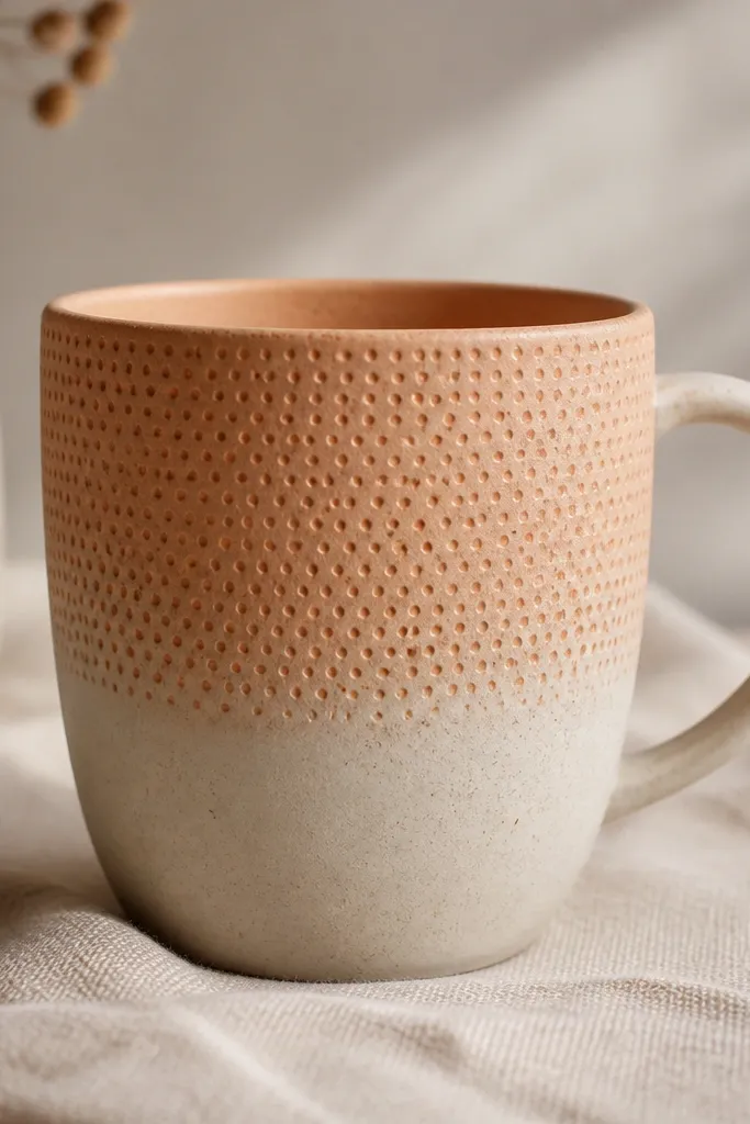 A mug with tiny raised dot texture across the upper half, in soft terracotta and off-white. The dots look like orange-peel dimples.