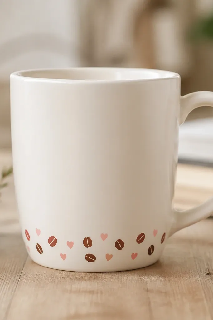 A mug with small heat-set vinyl icons placed around the lower rim area, like coffee beans and tiny hearts. The rest of the mug is plain.