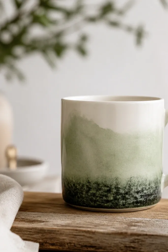 A mug with a soft watercolor-like wash in sage green across the front, with a dry-brushed darker edge at the bottom.