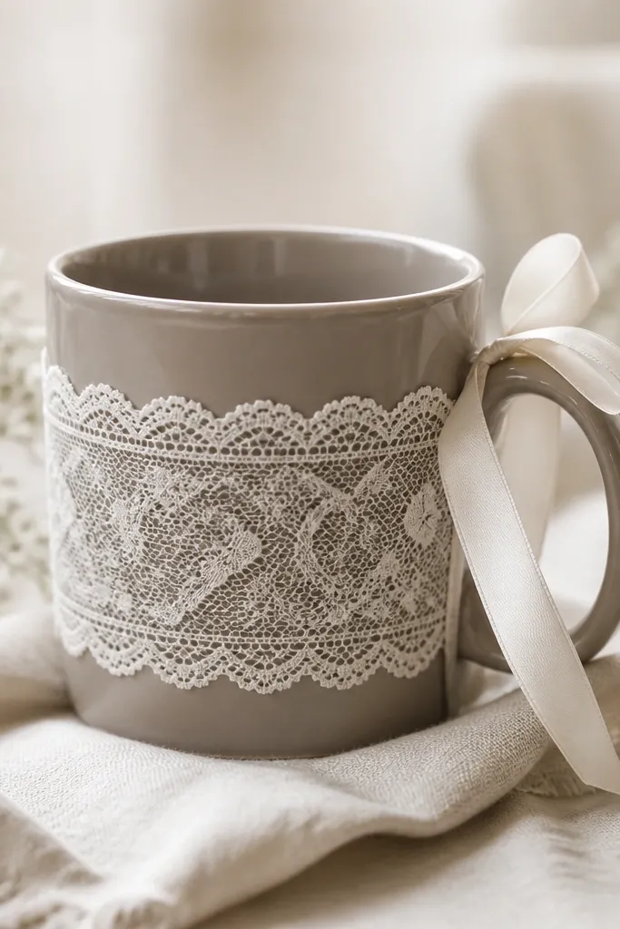 A mug wrapped with white lace trim around the middle, with a small satin ribbon tie behind the handle.