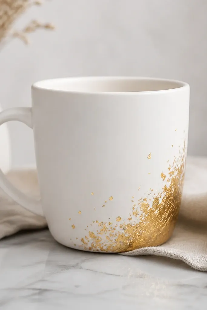 A matte white mug with a small corner patch of gold leaf on the lower right, with irregular gold flakes blending outward.