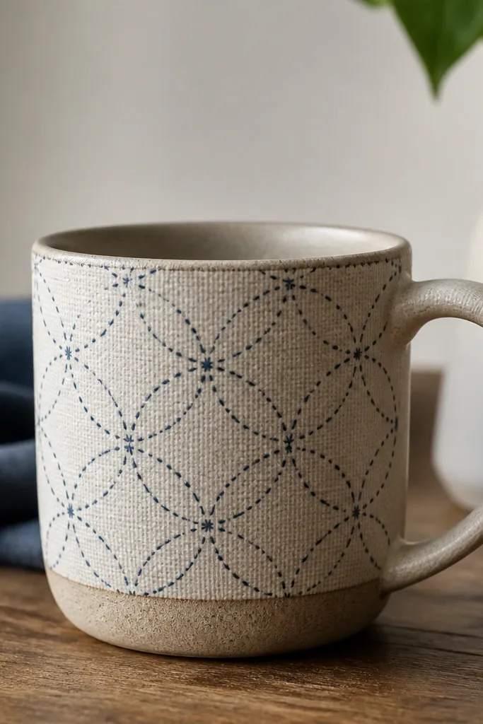 A mug with faint linen texture on the front and neat blue thread lines forming a sashiko pattern. The mug looks like it has fabric wrapped paint.