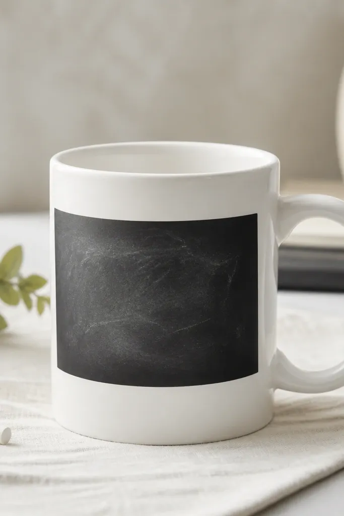 A mug with a black chalkboard strip on the front, with faint chalk text that looks hand-written. The rest of the mug is white.