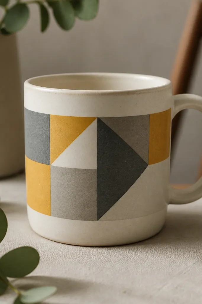 A mug with crisp washi tape panels in muted gray and mustard forming a geometric pattern across the middle. The tape edges are clean and sealed.