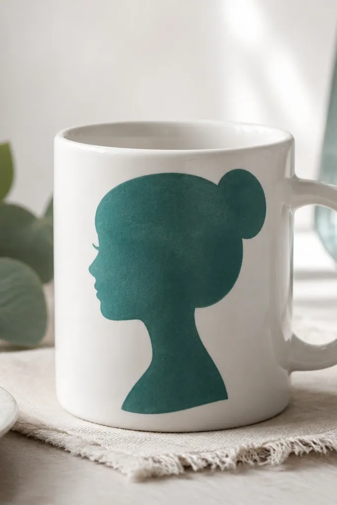 A mug with a clean silhouette shape in teal painted onto white ceramic. The edges are sharp, like a vinyl stencil, but it looks hand-applied.