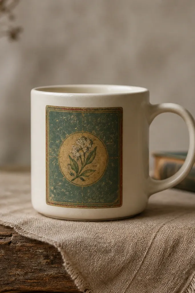 A mug with a weathered tea tin style label on the front, complete with small typography and faded colors. The rest of the mug is plain.