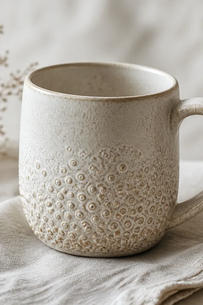 A mug with tiny crater-like raised spots across the lower half, in a neutral beige and white. The texture looks like aged glaze.