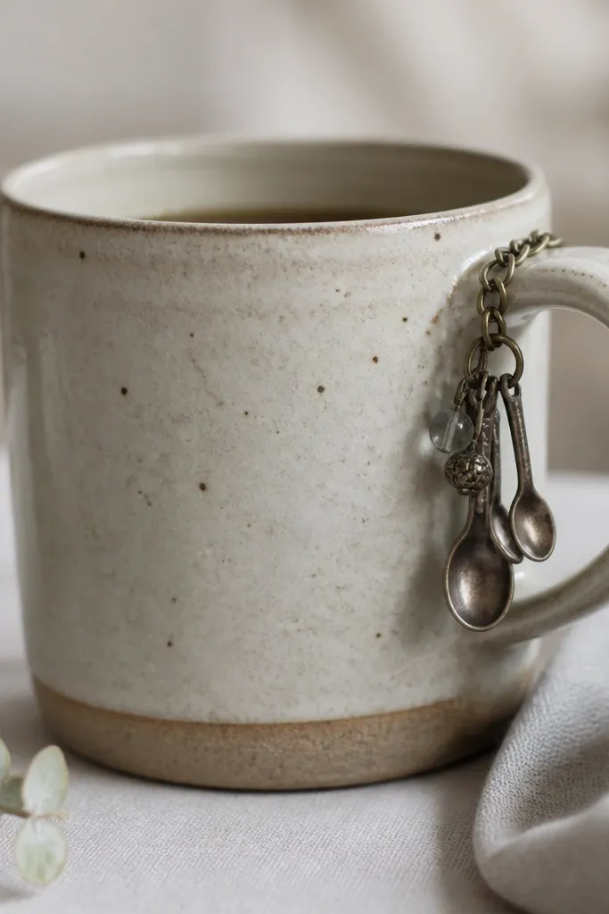 A mug with a small cluster of metal charms attached near the handle using a short chain loop. The charms look like tiny spoons and beads.