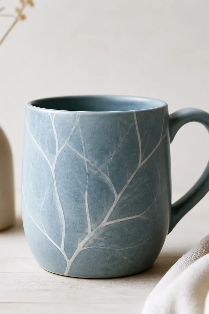A mug with thin white crayon resist lines over a muted blue wash. The resist lines look like delicate veins, and the finish is smooth.