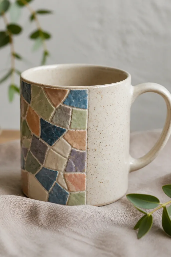 A mug with a small mosaic patch on one side made from tiny cut ceramic tile pieces, each painted in muted colors. Only one panel is covered, the rest is plain.