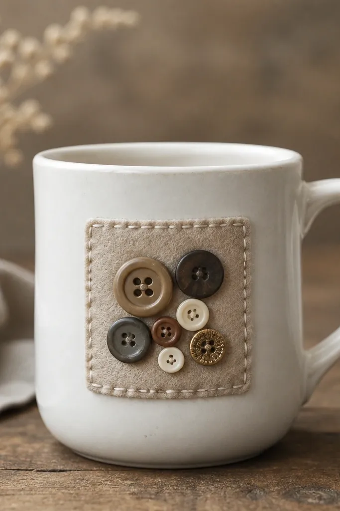 A mug with a small felt patch on the front holding 6-8 vintage buttons in mixed sizes. The patch is stitched at the edges and the rest of the mug is plain.
