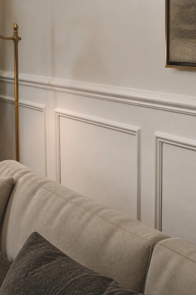 White living room wall with chair rail and simple rectangular wainscoting panels