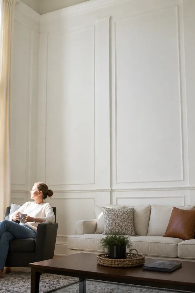 Light gray wall with taller rectangular wainscoting up toward the ceiling