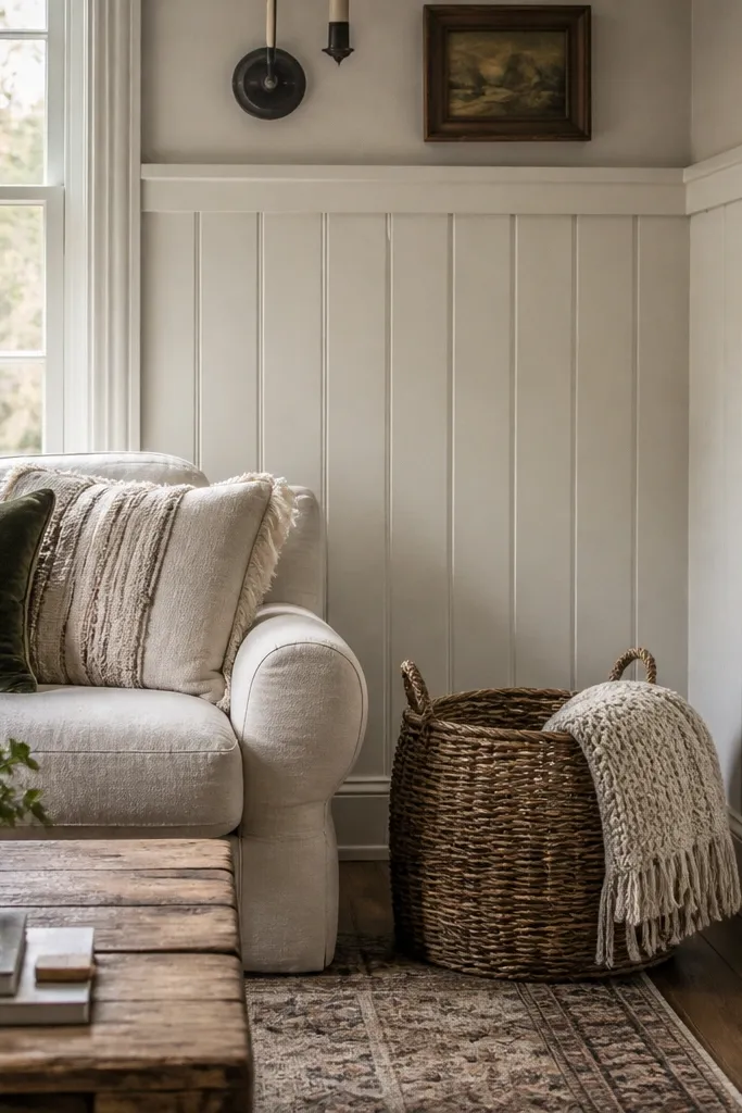 White wall with vertical plank panels and a single horizontal trim rail