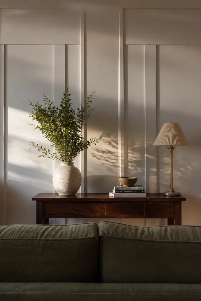 Wall with board-and-batten panels and one wider center vertical stripe
