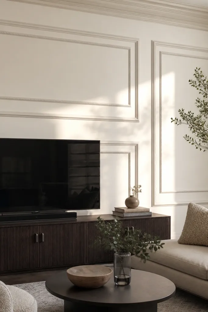 Wall with raised panel rectangles outlined by bead trim and a top rail