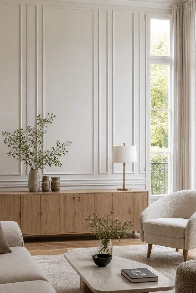 Wall wainscoting with narrow vertical panels divided by thin trim lines