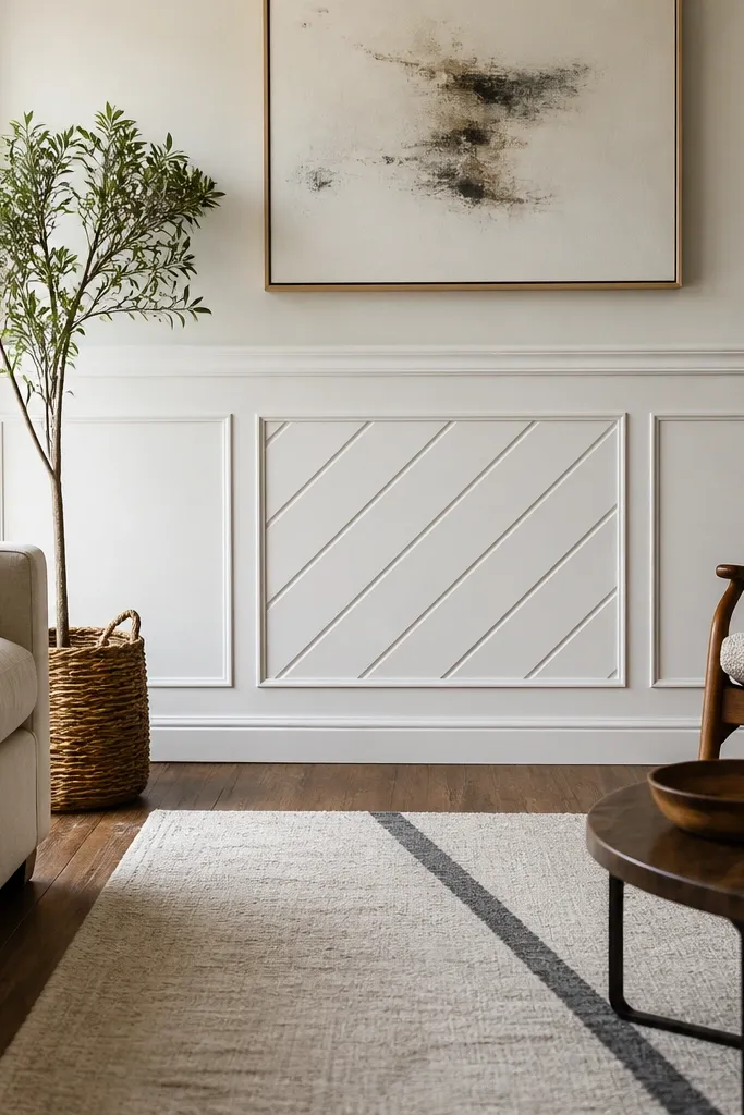 Main wall with mostly rectangular wainscoting and one diagonal accent panel