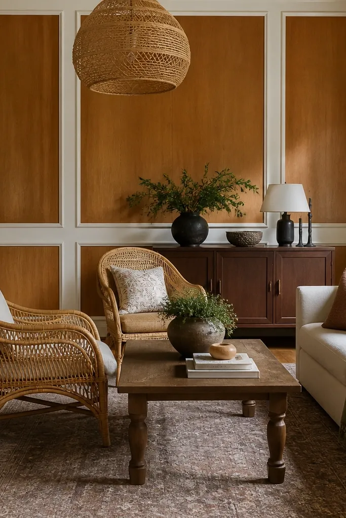Warm wood-toned panel field with white trim wainscoting under a chair rail