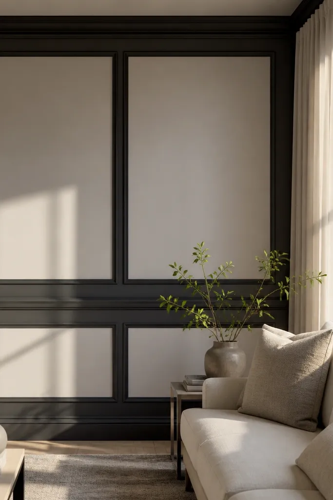 Dark frame wainscoting panels with lighter recessed center under a chair rail