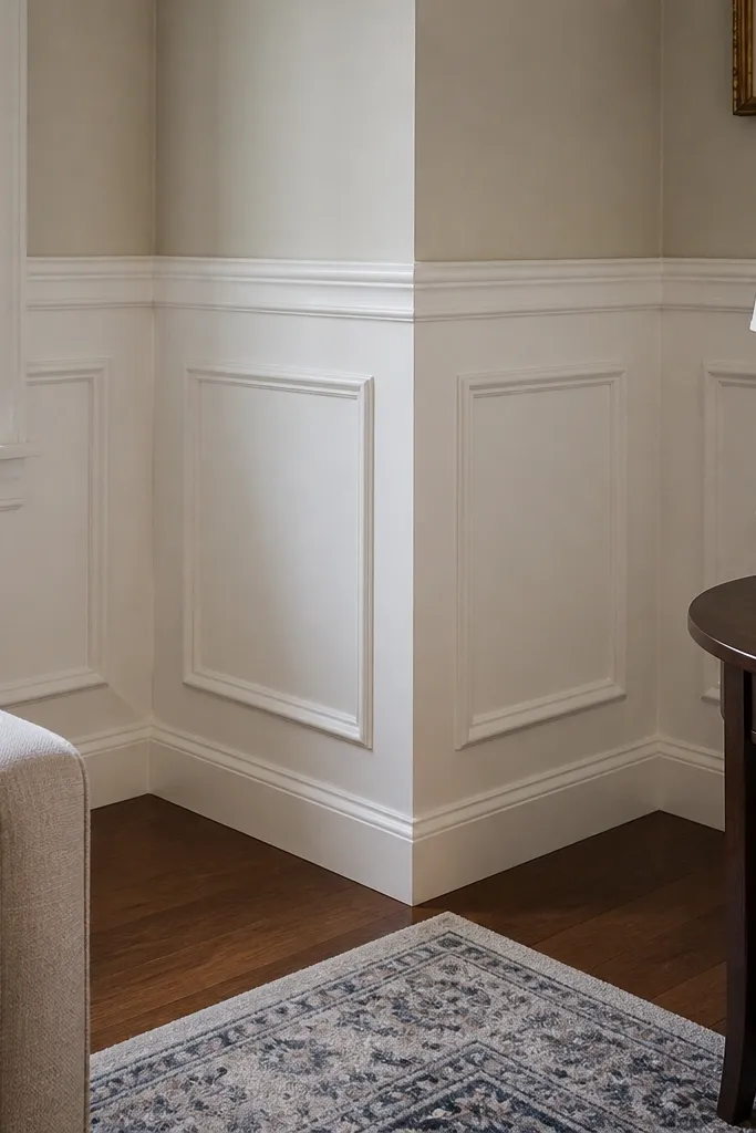 Crisp mitered wainscoting corners with trim lines wrapping cleanly