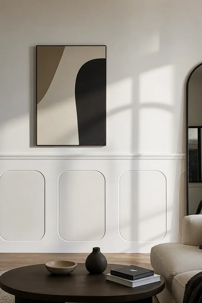 Wainscoting panels with rounded tops under a straight chair rail