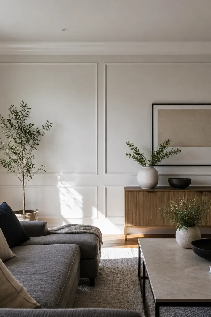Wainscoting frames with textured painted panel fields under a chair rail