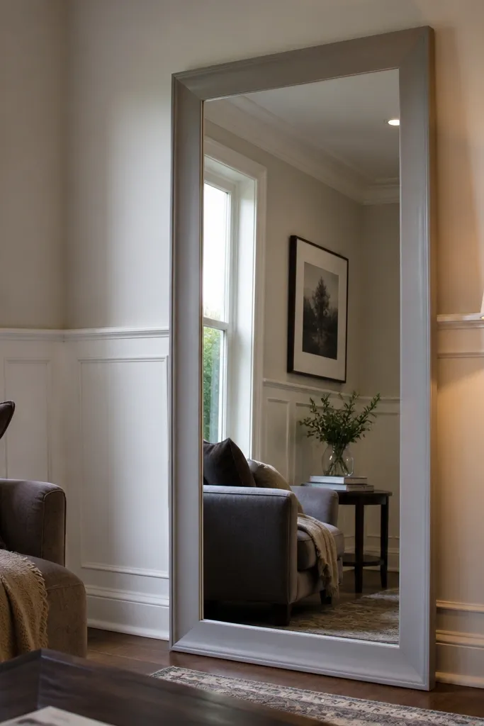 Half-wall wainscoting with a large mirror framed by matching trim