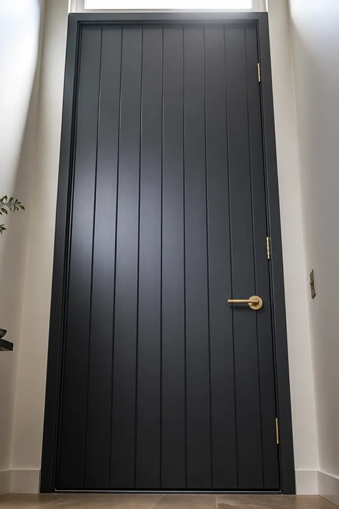 Charcoal vertical-panel door with slim brass hardware in a narrow entry