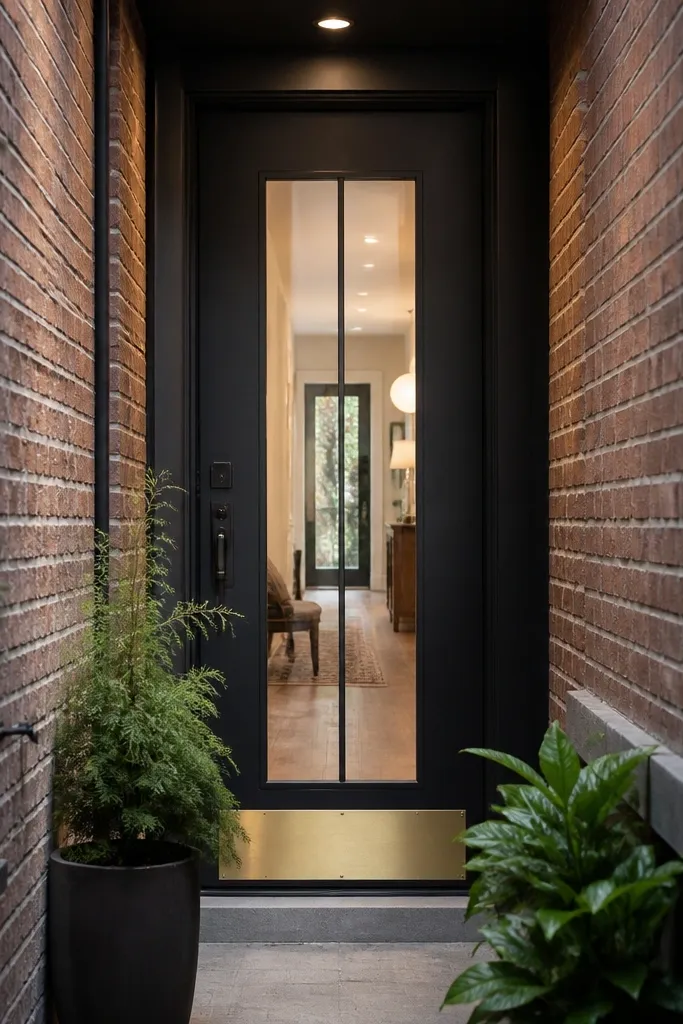 Satin black door with a tall clear glass lite and black hardware