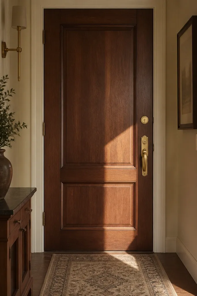 Walnut stained wood door with satin sheen and warm brass handle