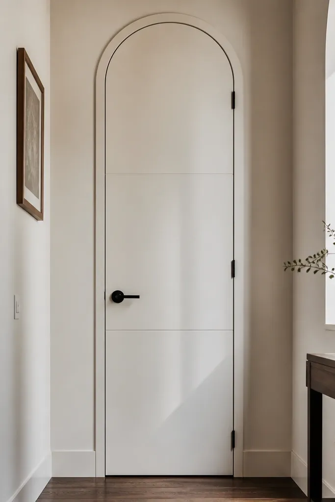 Door with a narrow arched top and flat panels, painted matte off-white