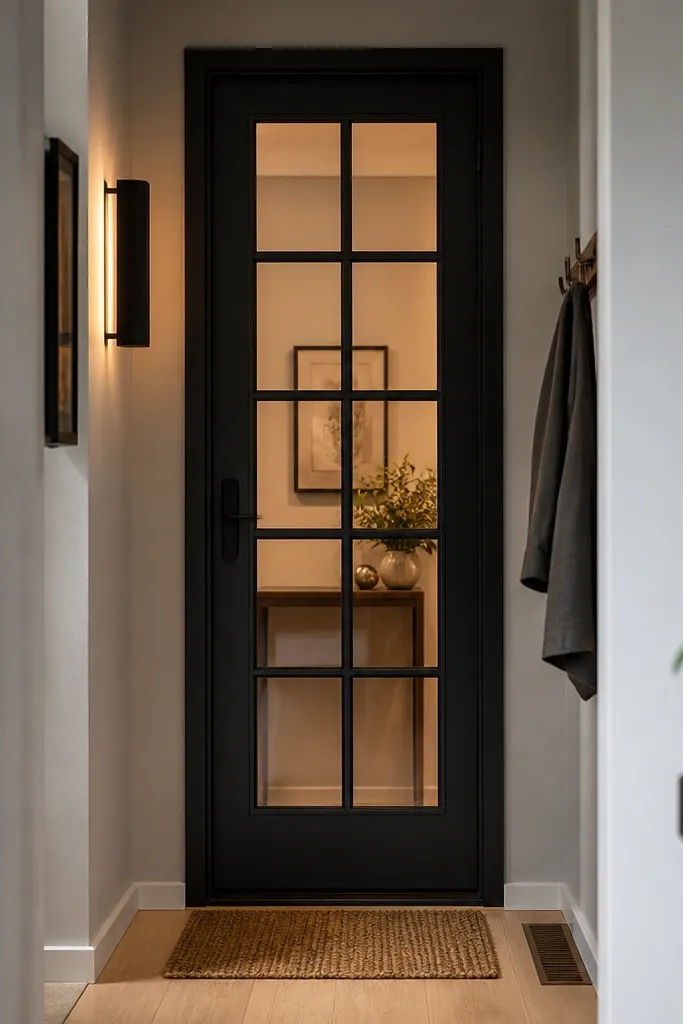 Door with two vertical glass lites separated by a grid, in black