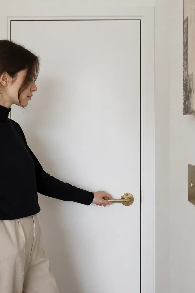 White door with a thin recessed shadowgap around the frame and brass knob