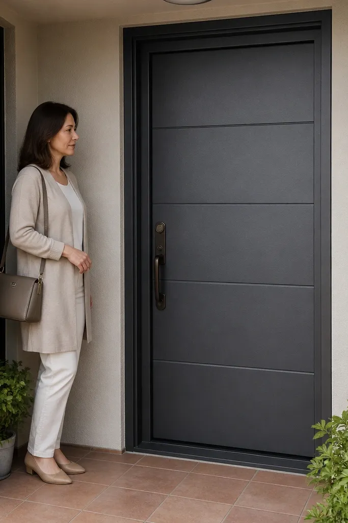 Charcoal matte textured door with simple panels and black hardware