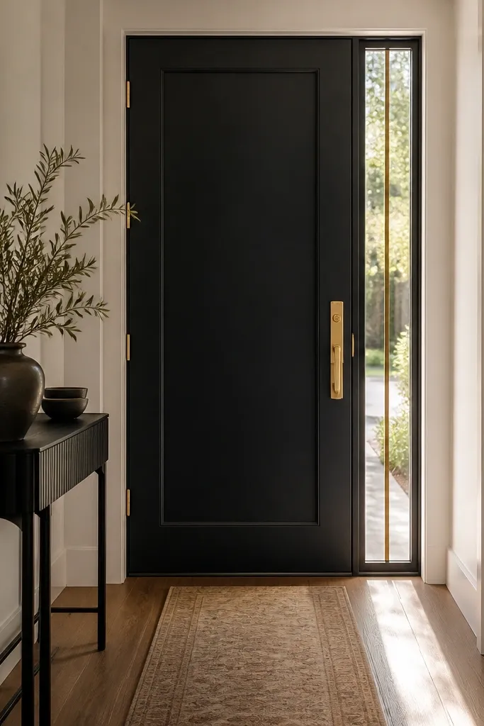 Narrow sidelight next to a door with clear glass and brass divider bars