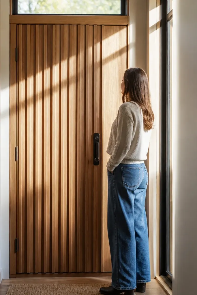 Door with vertical slat wood molding, oak stain look, and bronze knob