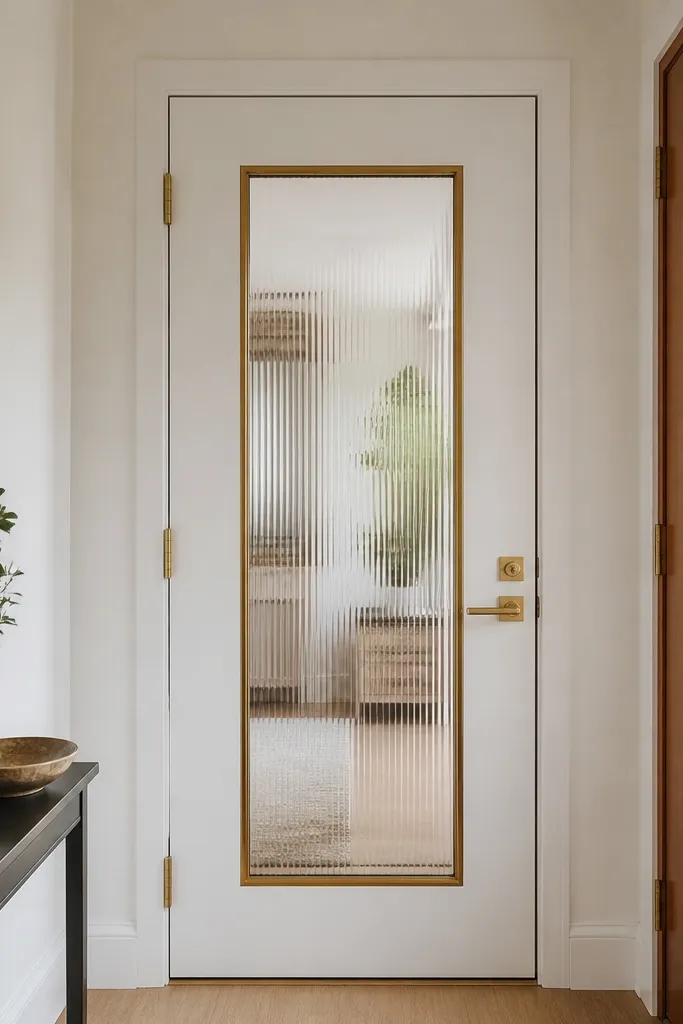 White door with a rectangular glass insert framed in brass
